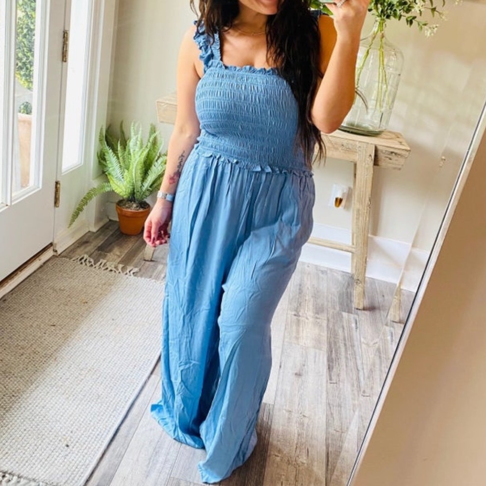 Blue Smocked Wide-Leg Jumpsuit